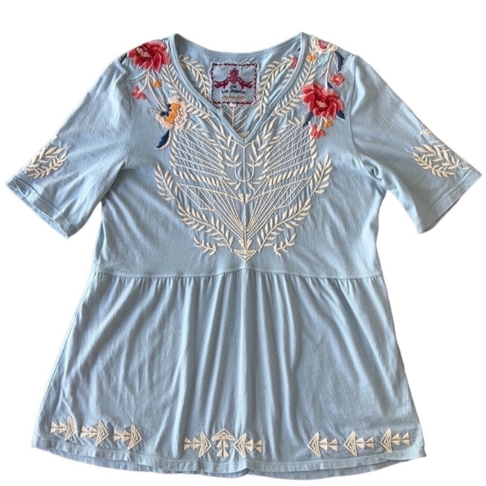 Johnny Was Floral Embroidered Short Sleeve V-Neck Top - Picture 2 of 12